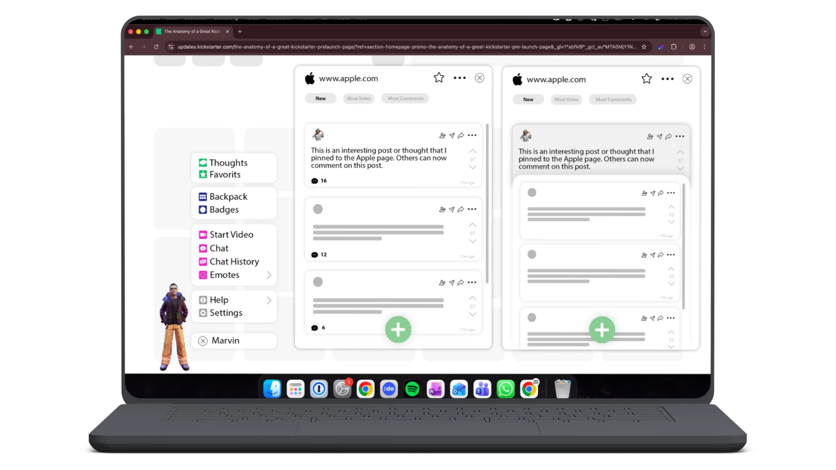 weblin Thoughts open on a MacBook — avatar menu, two thought panels, and a shared comment board